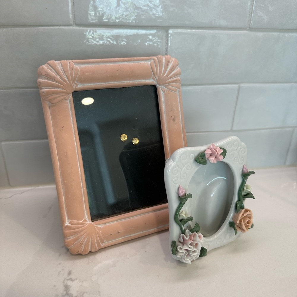 2 vintage frames - pink terra cotta / porcelain shell frame & ceramic flower